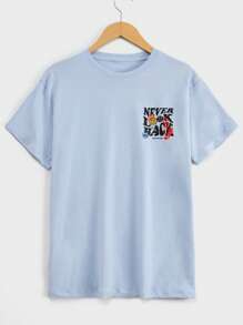 RueChic 男士卡通和標語圖案T恤 - 淺藍色 - 查看 1
