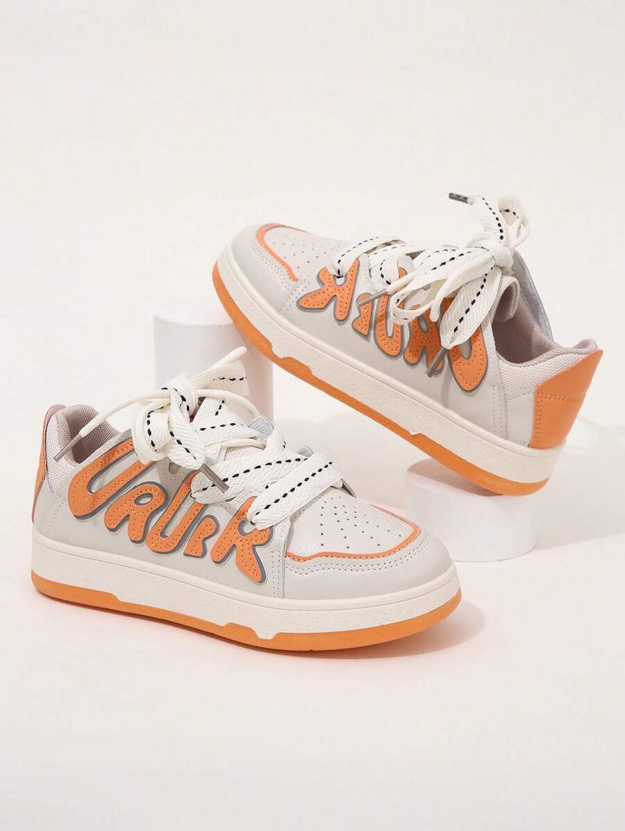 女士休闲系带拼色圆头运动鞋 - 橘色 - 查看 1