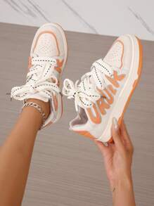 女士休闲系带拼色圆头运动鞋 - 橘色 - 查看 4