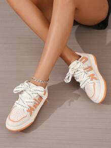 女士休闲系带拼色圆头运动鞋 - 橘色 - 查看 5