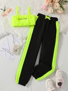 Girls Letter Graphic Cami Top & Contrast Side Seam Sweatpants - Multicolor - View 1