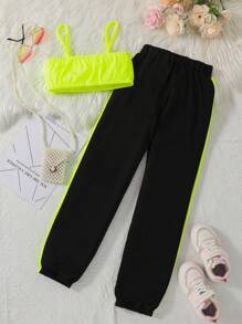 Girls Letter Graphic Cami Top & Contrast Side Seam Sweatpants - Multicolor - View 2