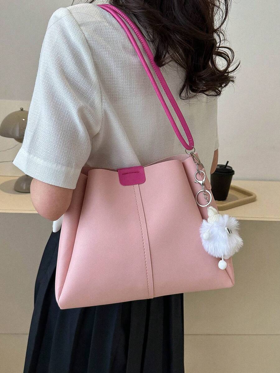 中等方包針腳細節附包飾 - 淺粉色 - 查看 1