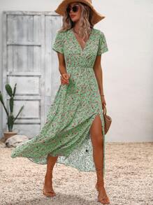 SHEIN LUNE Ditsy Floral Print Split Thigh Dress - Green - View 3