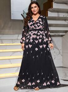 Plus Size V-Neck Floral Print Elegant Dress, Random Print