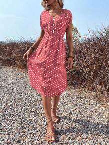 SHEIN LUNE 波點圖案蝙蝠袖洋裝 - 粉色 - 查看 3