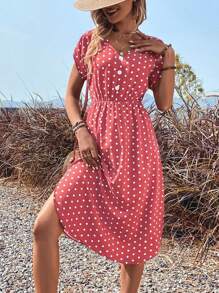 SHEIN LUNE 波點圖案蝙蝠袖洋裝 - 粉色 - 查看 4