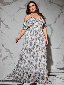 Váy ren viền bèo nhún hở vai cỡ lớn - Nhiều màu - Xem 5