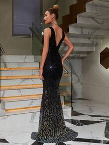 Split Thigh Sequin Formal Dress - Black - View 2