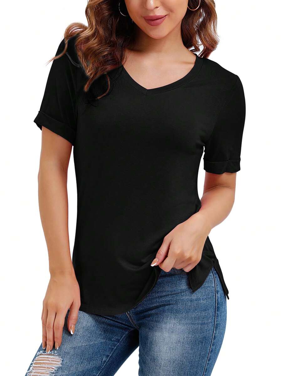 Solid V Neck Tee - Black - View 1