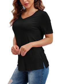 Solid V Neck Tee - Black - View 3