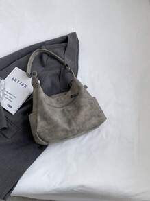 Túi PU Hobo Dây Kéo Màu Trơn Dung Lượng Cao - Xám - Xem 7