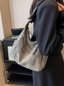 Túi PU Hobo Dây Kéo Màu Trơn Dung Lượng Cao - Xám - Xem 9