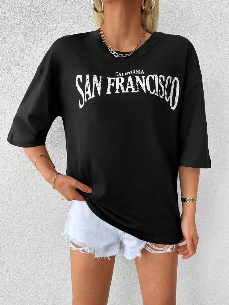 Cottnline Camiseta de hombros caídos con estampado de letra - Negro - Ver 1