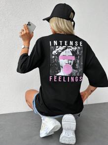 EURMUSE Figure & Letter Graphic Drop Shoulder Tee - màu đen - Xem 1