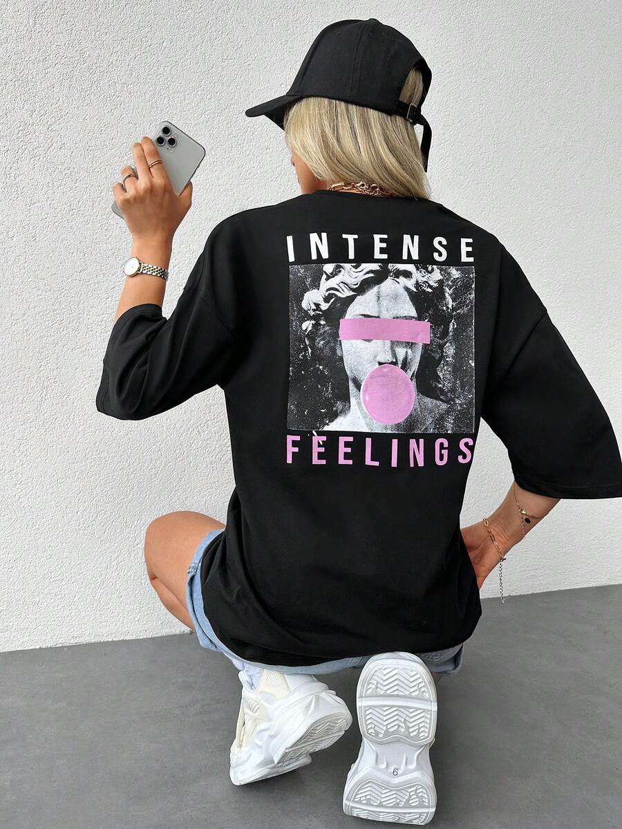 EURMUSE Figure & Letter Graphic Drop Shoulder Tee - màu đen - Xem 1