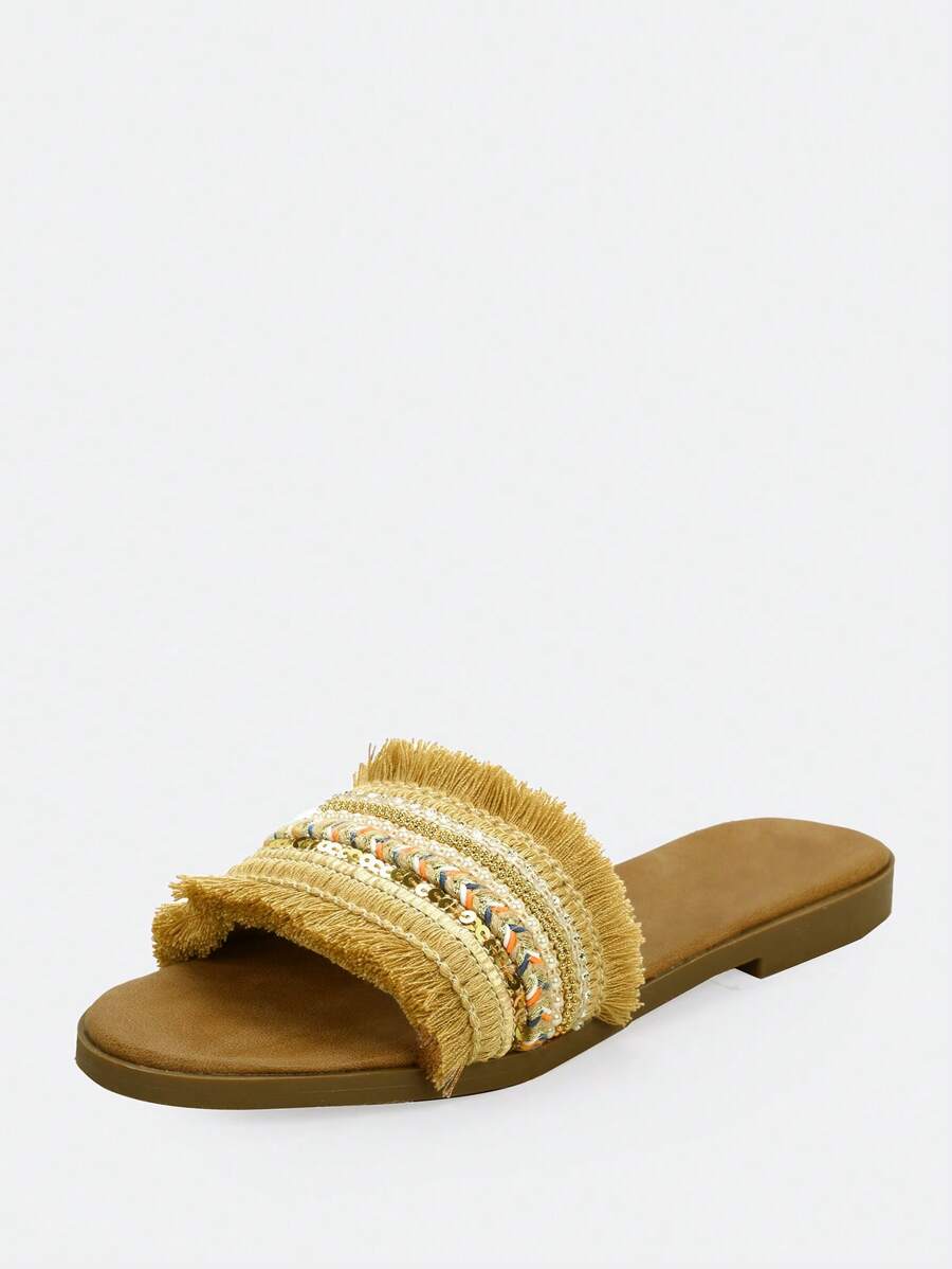 Beaded Round Toe MultiColor Flat Sandals SHEIN USA