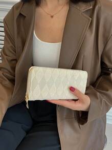 Mini Fashionable Geometric Textured Zipper PU For Women Wallet Purse Wallet Long Wallet - White - View 1