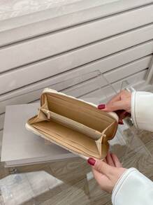 Mini Fashionable Geometric Textured Zipper PU For Women Wallet Purse Wallet Long Wallet - White - View 4