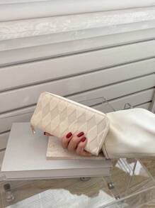 Mini Fashionable Geometric Textured Zipper PU For Women Wallet Purse Wallet Long Wallet - White - View 7