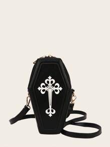 Bolso Con Forma De Ataúd Gótico Para Mujer, Bolso De Hombro Pequeño Para Teléfono Celular Con Estilo Y2k, Bolso Cruzado Novedoso Para Fiestas Y Viajes, Con Patrón De Cruz Punk De Moda Y Cinturones De Cintura Para Compras Y Viajes - Negro - Ver 5
