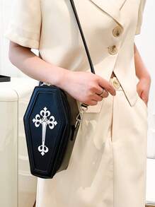 Bolso Con Forma De Ataúd Gótico Para Mujer, Bolso De Hombro Pequeño Para Teléfono Celular Con Estilo Y2k, Bolso Cruzado Novedoso Para Fiestas Y Viajes, Con Patrón De Cruz Punk De Moda Y Cinturones De Cintura Para Compras Y Viajes - Negro - Ver 6