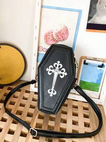 Bolso Con Forma De Ataúd Gótico Para Mujer, Bolso De Hombro Pequeño Para Teléfono Celular Con Estilo Y2k, Bolso Cruzado Novedoso Para Fiestas Y Viajes, Con Patrón De Cruz Punk De Moda Y Cinturones De Cintura Para Compras Y Viajes - Negro - Ver 8