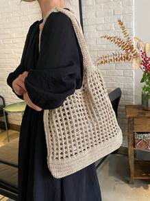 素色鉤針編織袋鏤空雙把手 - 卡其色 - 查看 2