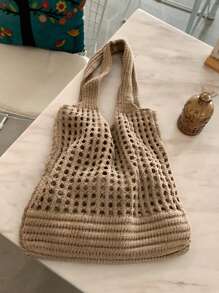 素色鉤針編織袋鏤空雙把手 - 卡其色 - 查看 3