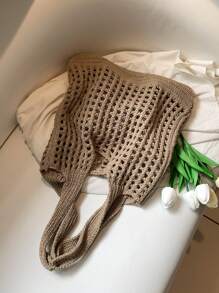 素色鉤針編織袋鏤空雙把手 - 卡其色 - 查看 7
