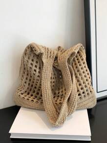 素色鉤針編織袋鏤空雙把手 - 卡其色 - 查看 10
