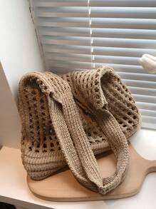 素色鉤針編織袋鏤空雙把手 - 卡其色 - 查看 11