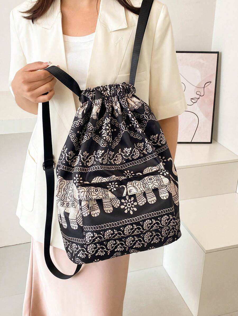 Ba lô dây rút họa tiết con voi cổ điển Mặt trước túi polyester - Đen và trắng - Xem 1