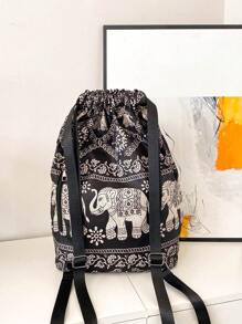 Ba lô dây rút họa tiết con voi cổ điển Mặt trước túi polyester - Đen và trắng - Xem 4