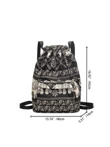 Ba lô dây rút họa tiết con voi cổ điển Mặt trước túi polyester - Đen và trắng - Xem 6
