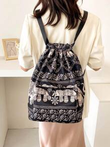 Ba lô dây rút họa tiết con voi cổ điển Mặt trước túi polyester - Đen và trắng - Xem 7