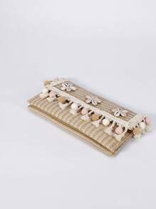 小絨球和流蘇邊草編包貝殼和花朵裝飾度假 - 彩色 - 查看 2