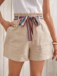 EMERY ROSE Paperbag Waist Belted Wide Leg Shorts - Khaki - View 1