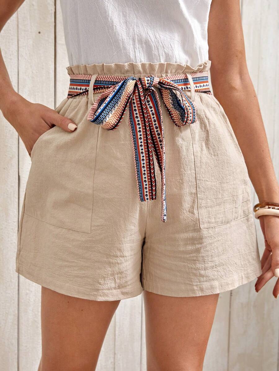 EMERY ROSE Paperbag Waist Belted Wide Leg Shorts - Khaki - View 1