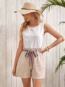 EMERY ROSE Paperbag Waist Belted Wide Leg Shorts - Khaki - View 6