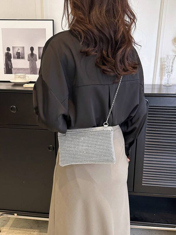 Fashionable Shiny Rhinestone Decorated Crossbody Bag, Casual Shoulder Bag With Detachable Chain Strap And Zipper Closure, Glamorous Rhinestone Bag