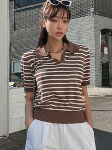 DAZY Áo dệt kim nữ Sọc Giải trí - màu nâu - Xem 1