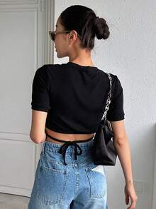 DAZY Camiseta crop con estampado de letra tejido de canalé - Negro - Ver 2