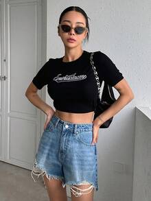 DAZY Camiseta crop con estampado de letra tejido de canalé - Negro - Ver 5