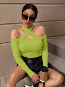 SHEIN Privé Solid Criss Cross Halter Neck Tee