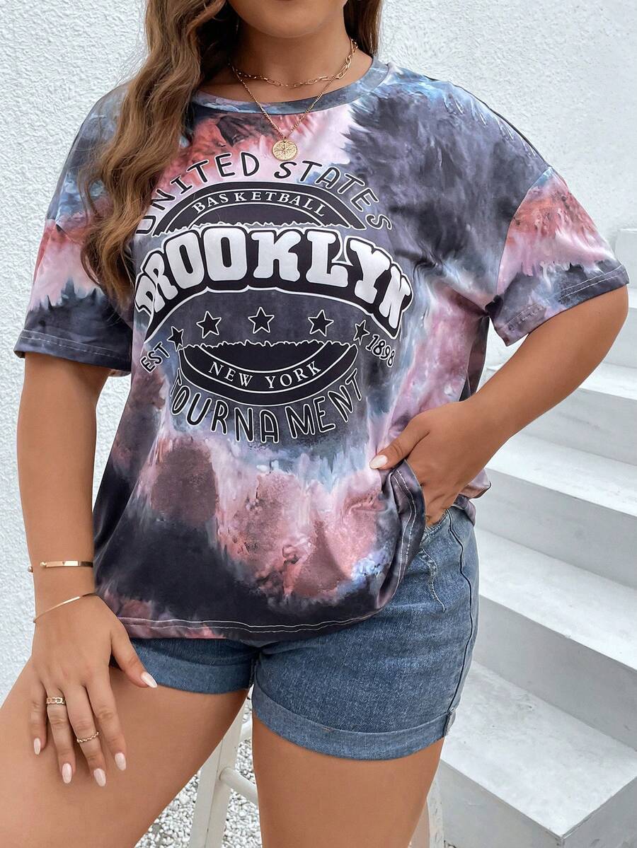 Calvaya Áo thun Plus size Cà vạt nhuộm Slogan Giải trí - Nhiều màu - Xem 1