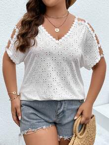 SHEIN LUNE Plus Guipure Lace Trim Batwing Sleeve Schiffy Tee - White - View 3