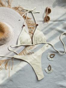 SHEIN Swim Summer Beach Halter Triangle Bikini Set - White - View 1