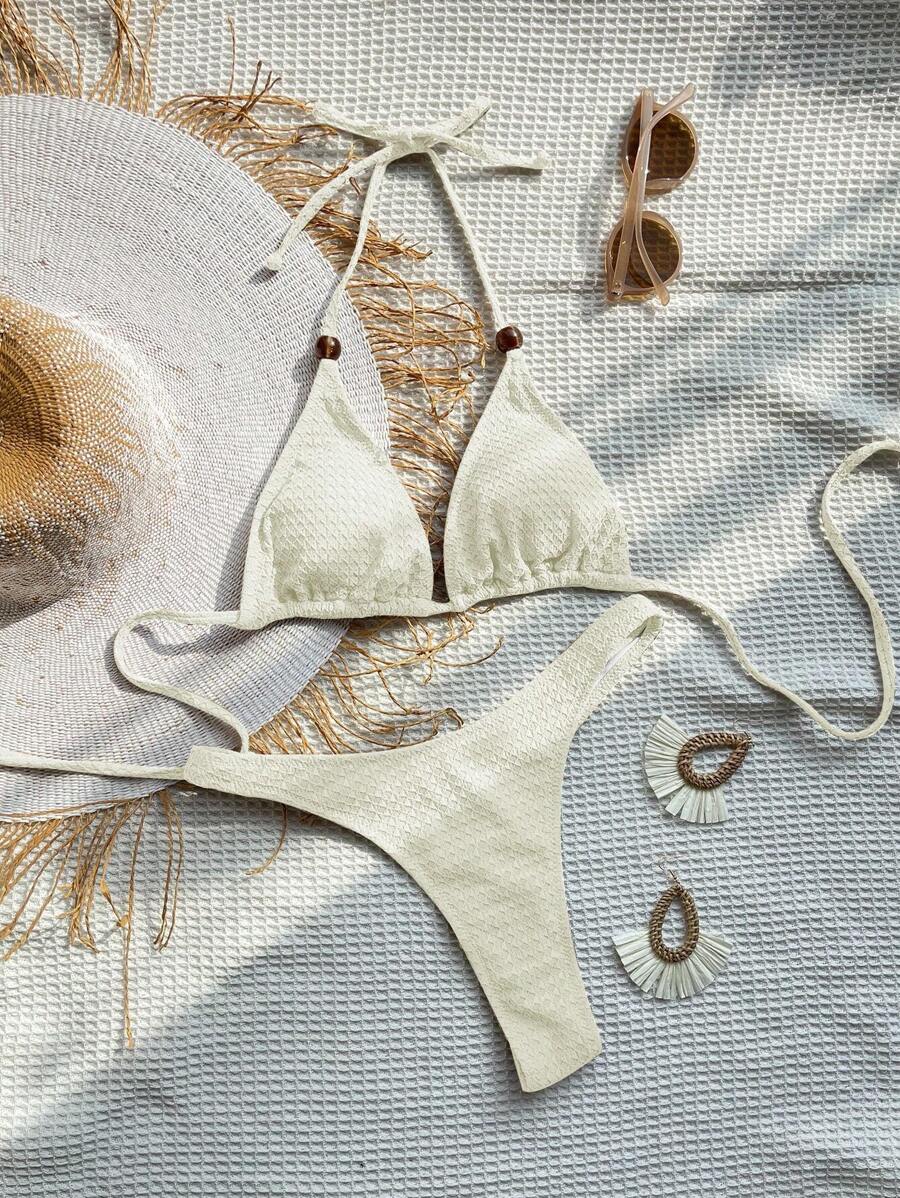 SHEIN Swim Summer Beach Halter Triangle Bikini Set - White - View 1