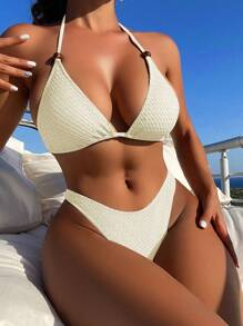 SHEIN Swim Summer Beach Halter Triangle Bikini Set - White - View 3